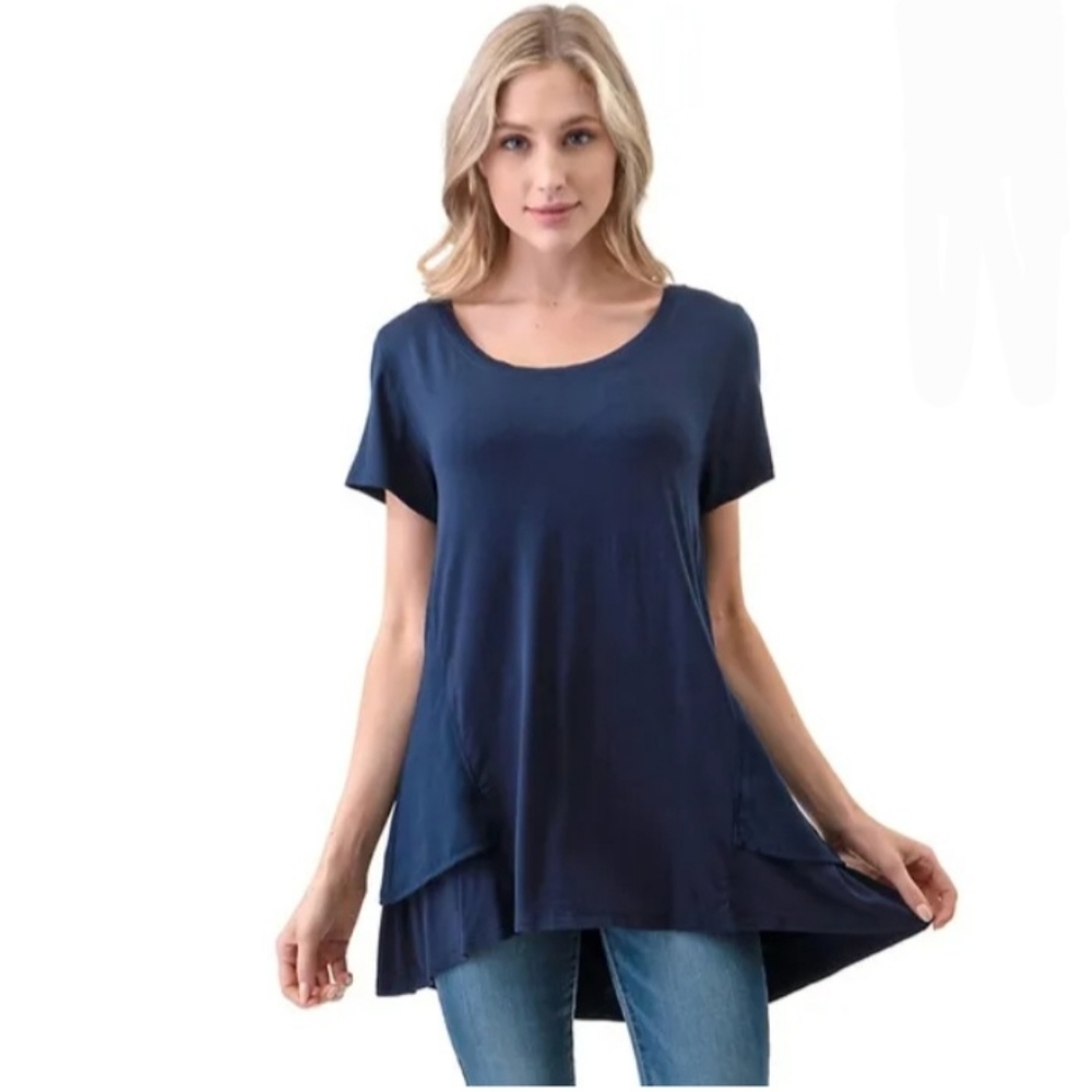 Sslv Scoop Neck Fashion Zipper back Jersey Knit Overlay Blouse Top Midnight